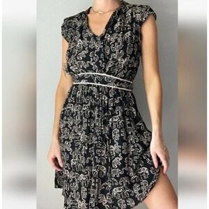 Maeve Anthropologie Dress‎ Black Beige Elephant Print Sleeveless Tie Waist Boho